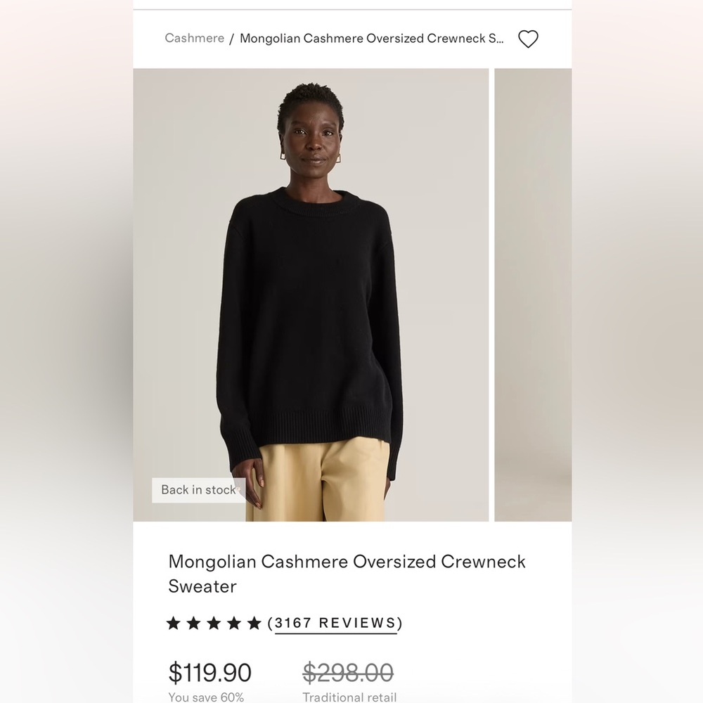 NWT Quince Black Mongolian Cashmere Oversized Crewneck Sweater